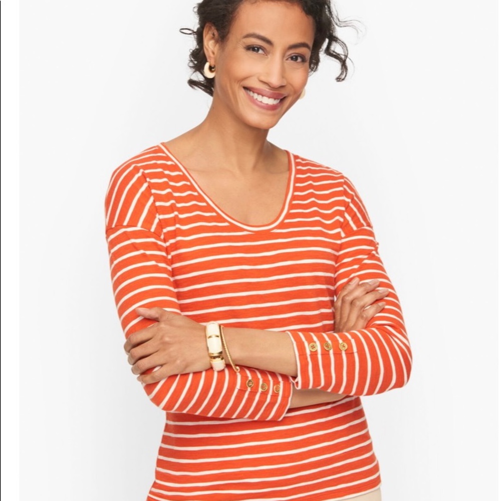 NWT Talbots Driftwood stripe button cuff tee, size medium, orange